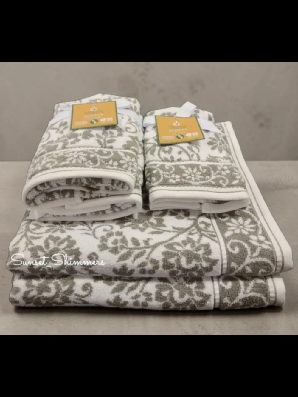 6pc Deborah Connolly Floral Scroll Damask Bath Hand Tip Towel Set Gray White New
